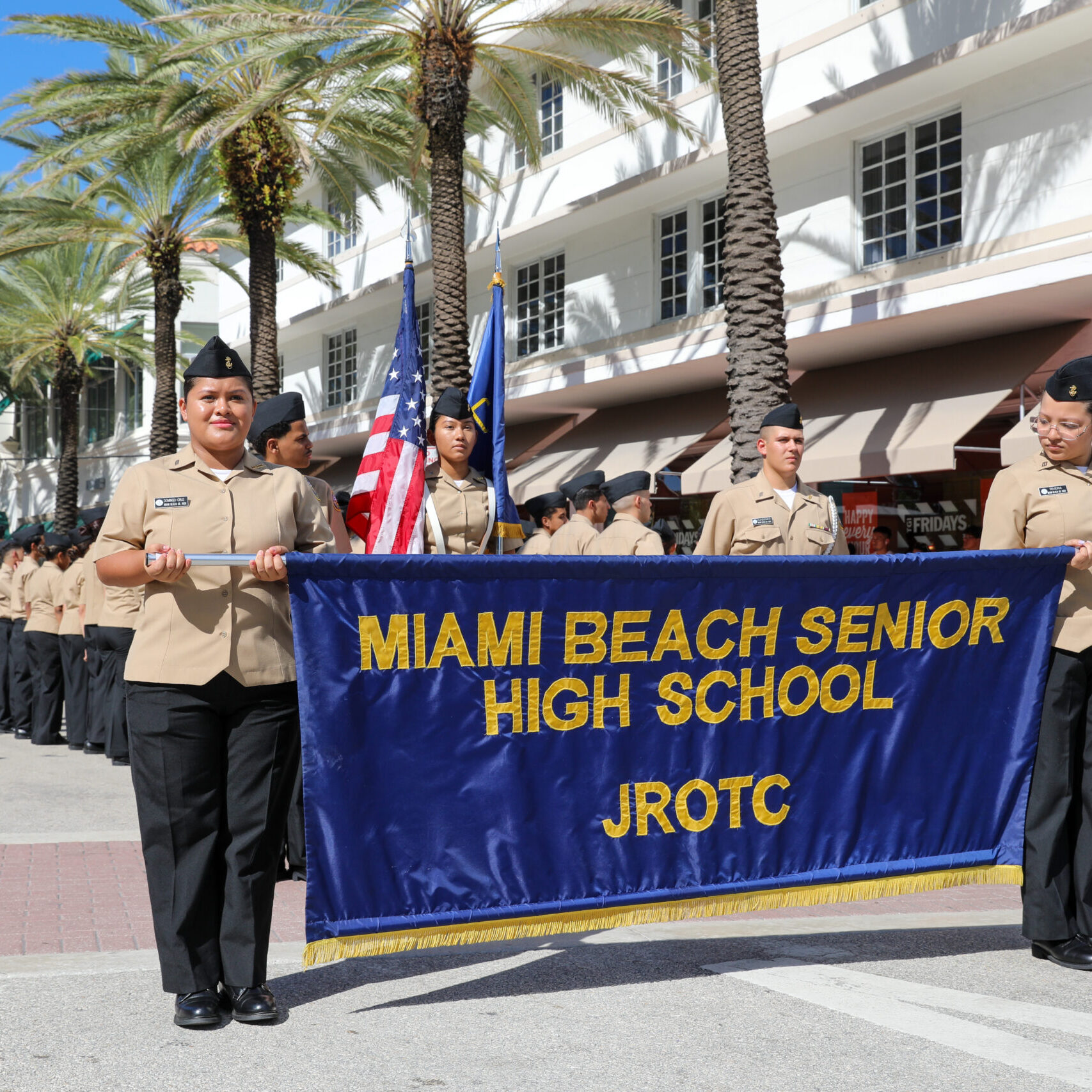 Miami Beach Senior High School JROTC marches in Miami Beach.